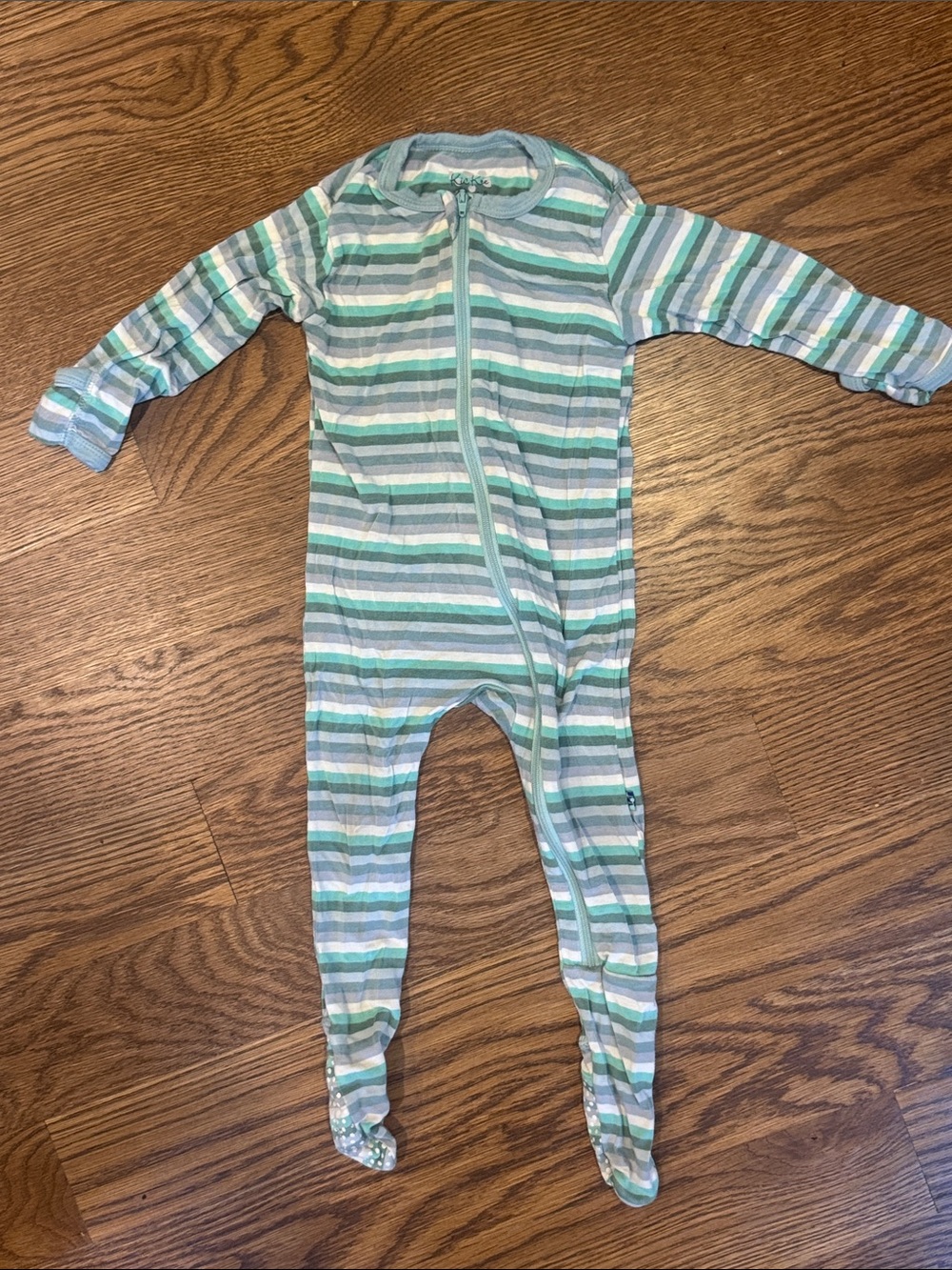 KicKee Pants Stripe FootedZipper Pajamas - Green/White - size 6-9 months